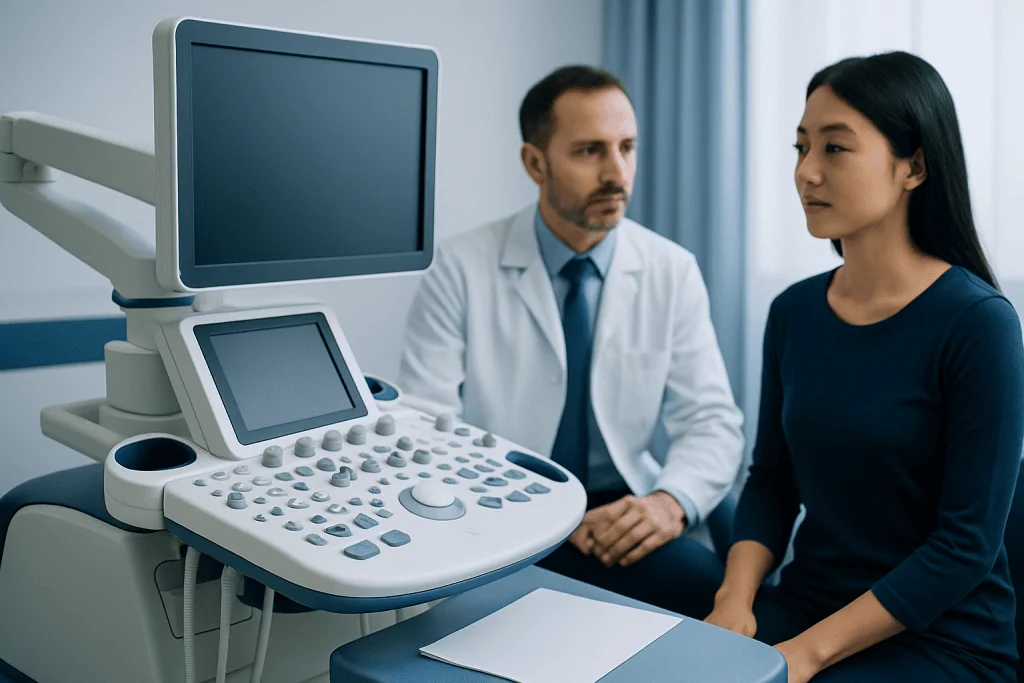 Doctor consulting a patient with ultrasound machine in hospital room.