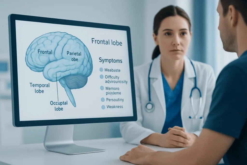 Diagram of brain lobes and symptoms of injury for neurological assessment.