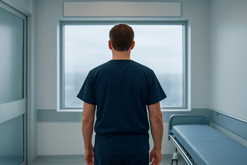 Full Mouth Dental Implants in Turkey: Why It’s a Popular Choice 1 Male patient in hospital gown looking out of window in medical room.