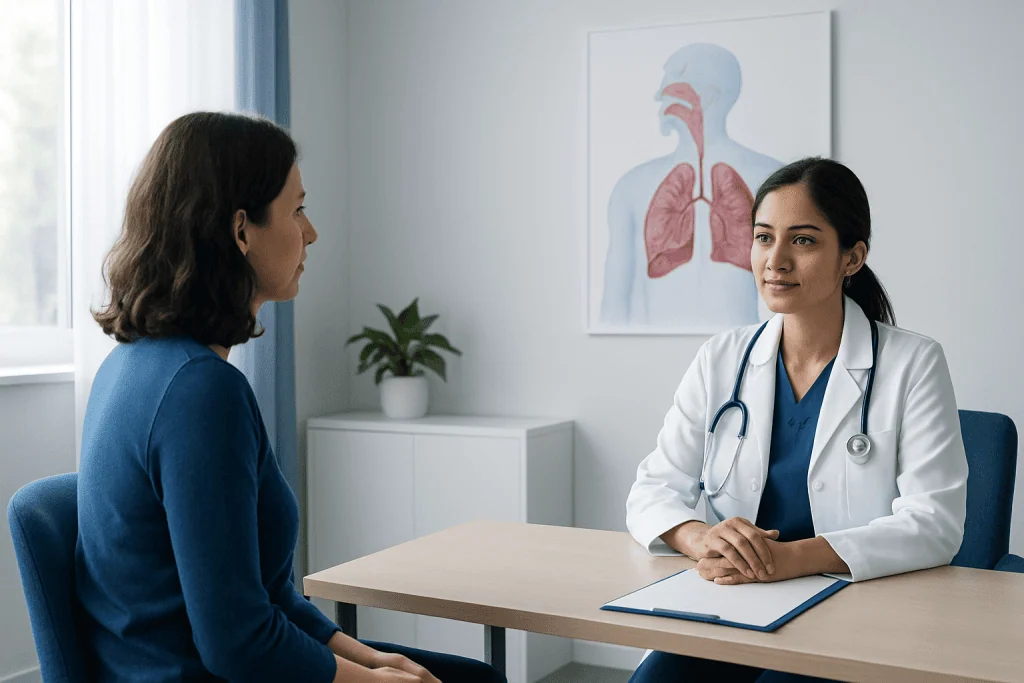 Doctor consulting with patient about respiratory health in clinic.