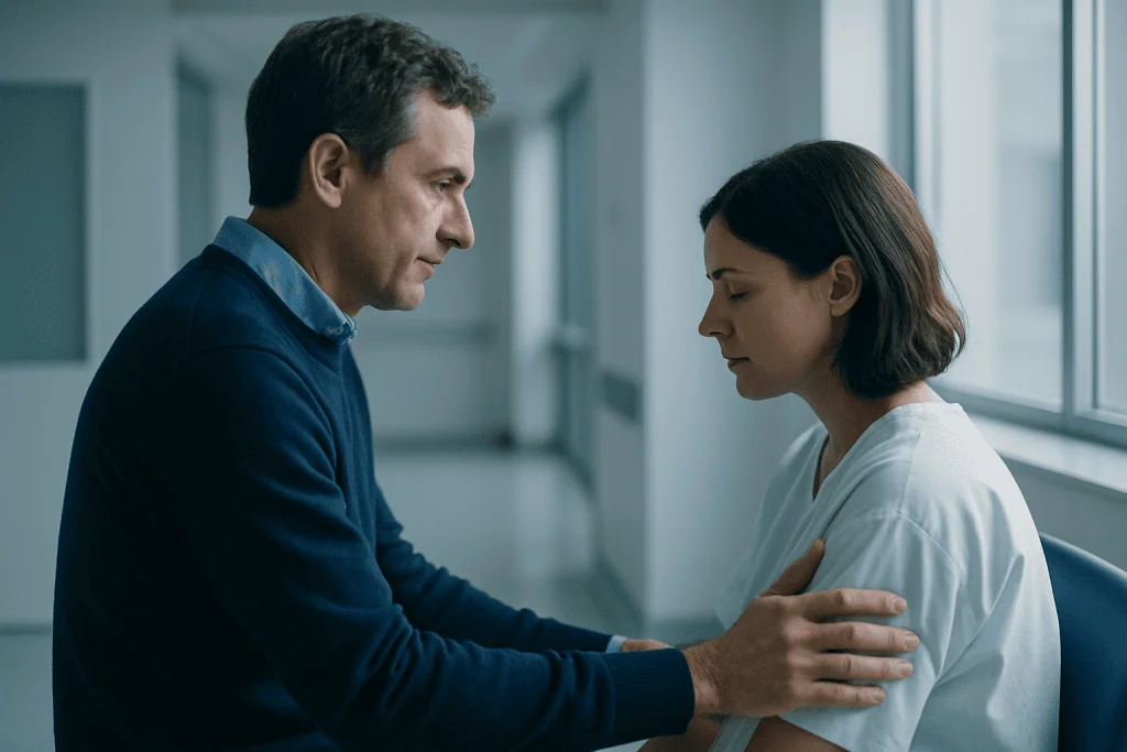 Gastric Cancer Treatment in Turkey: Causes, Symptoms, and Diagnosis 1 Doctor comforting a patient in a hospital corridor.