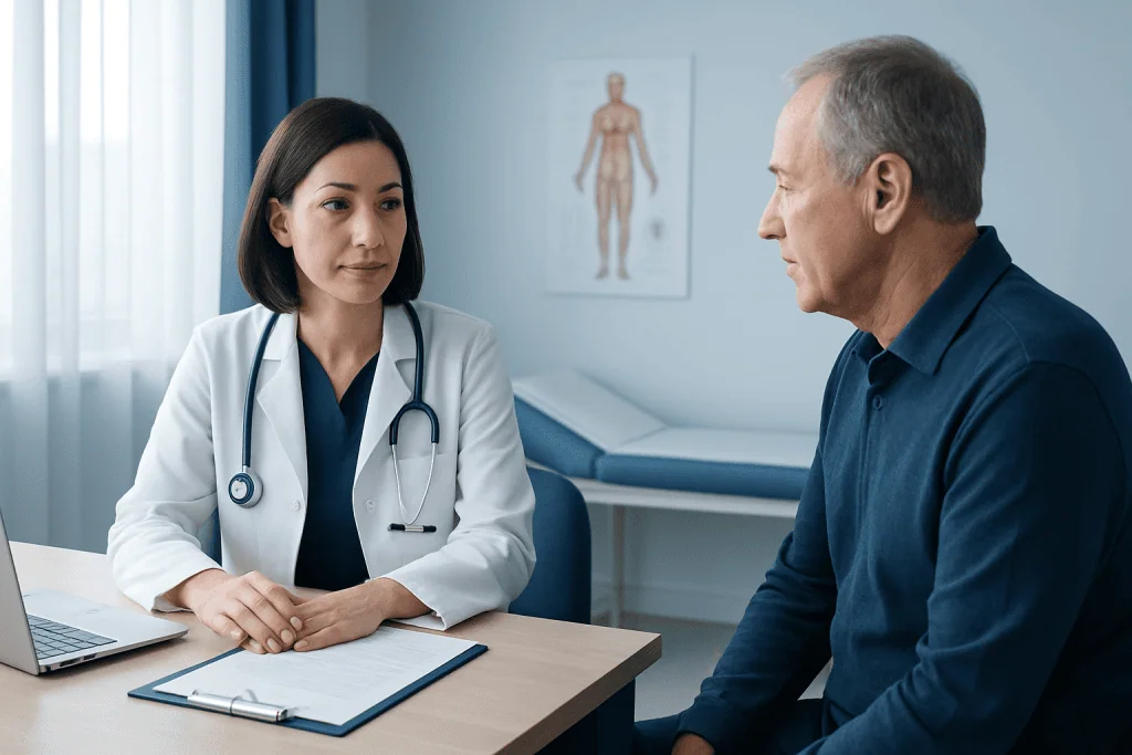 Doctor consulting with a male patient in a medical office setting.
