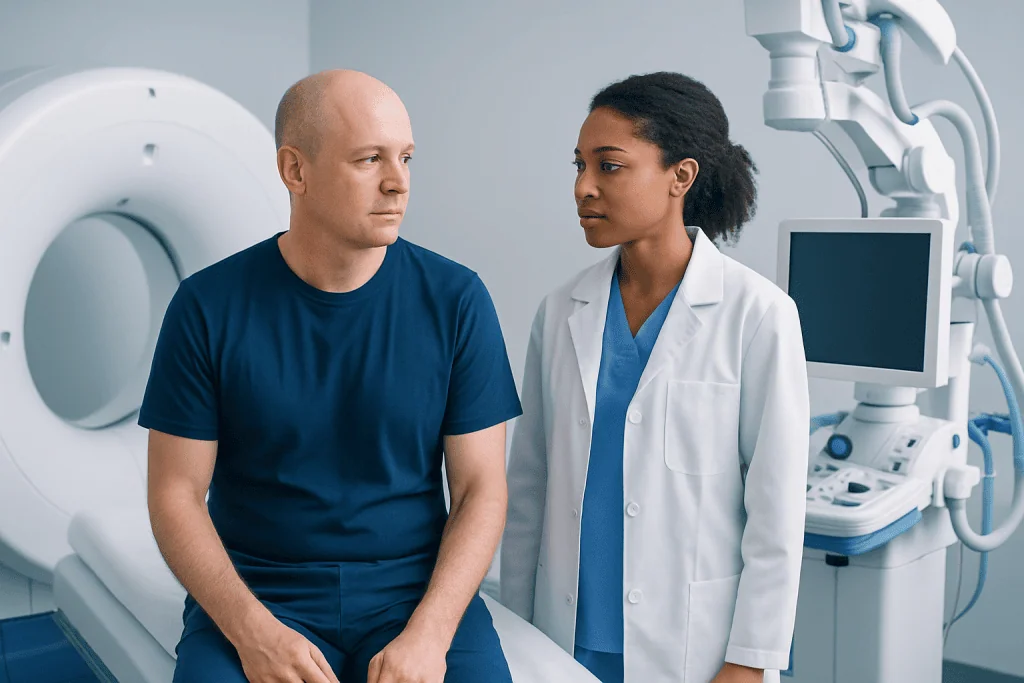 Patient and healthcare professional in a medical imaging room at Acibadem Hospitals.