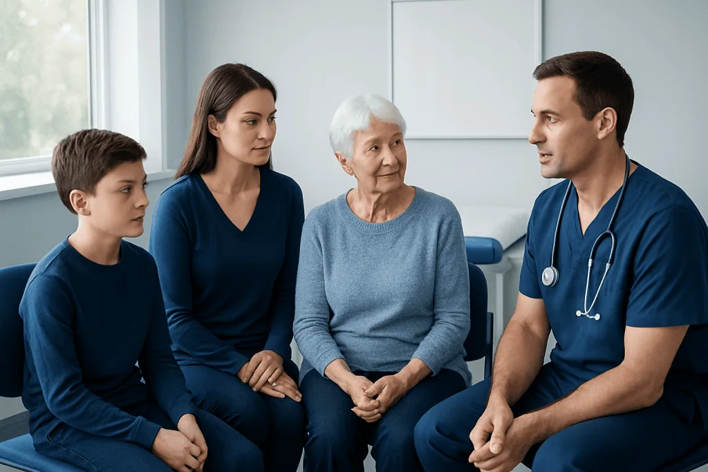 Doctor consulting with family in a hospital setting.