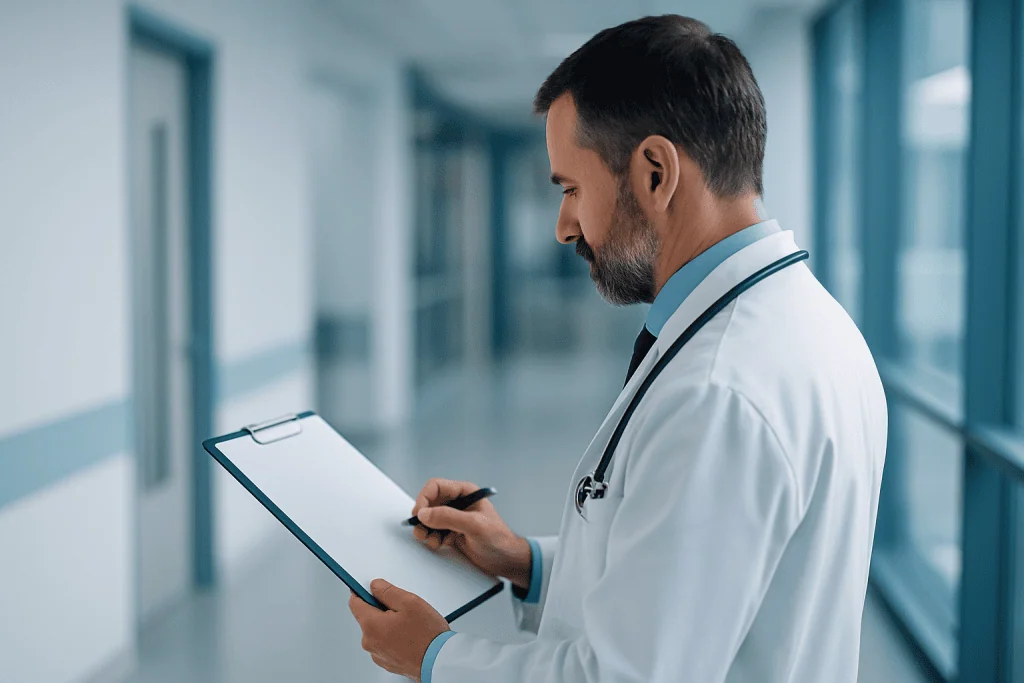 Genetic Tests in Breast Cancer 1 Doctor reviewing patient data in hospital corridor.