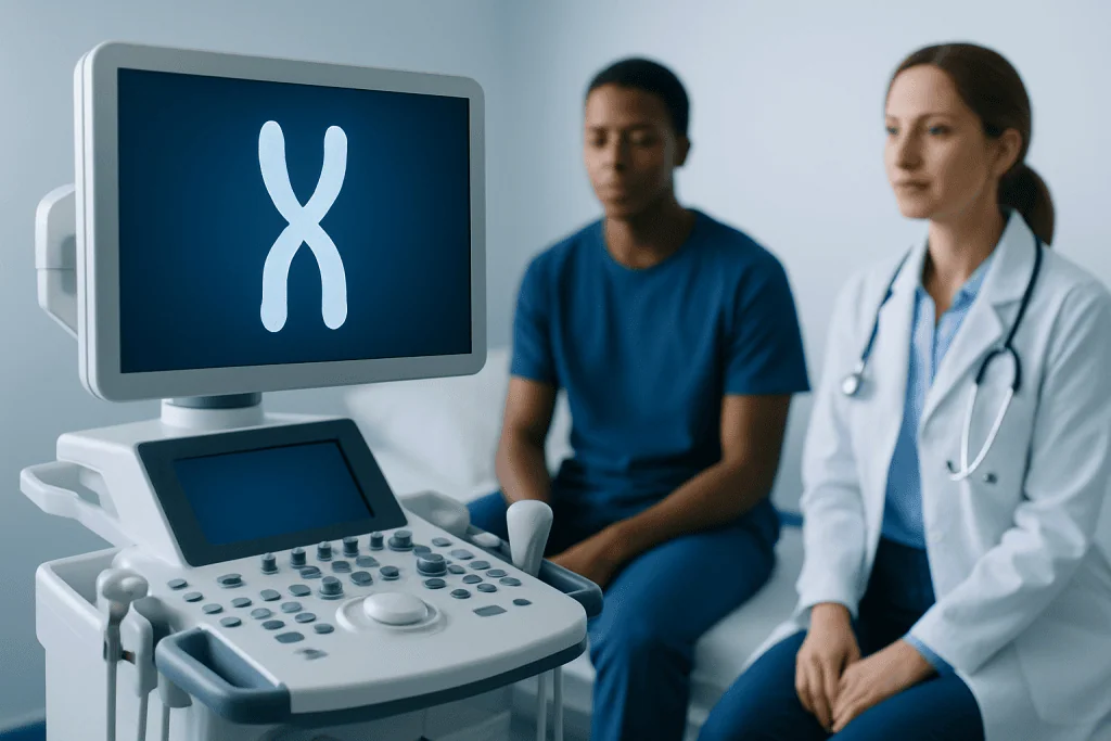 Medical professionals with ultrasound machine in a hospital setting.