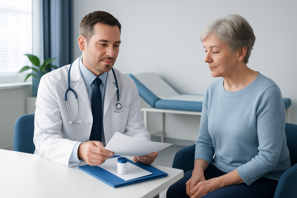 Doctor consulting with elderly woman in hospital room.