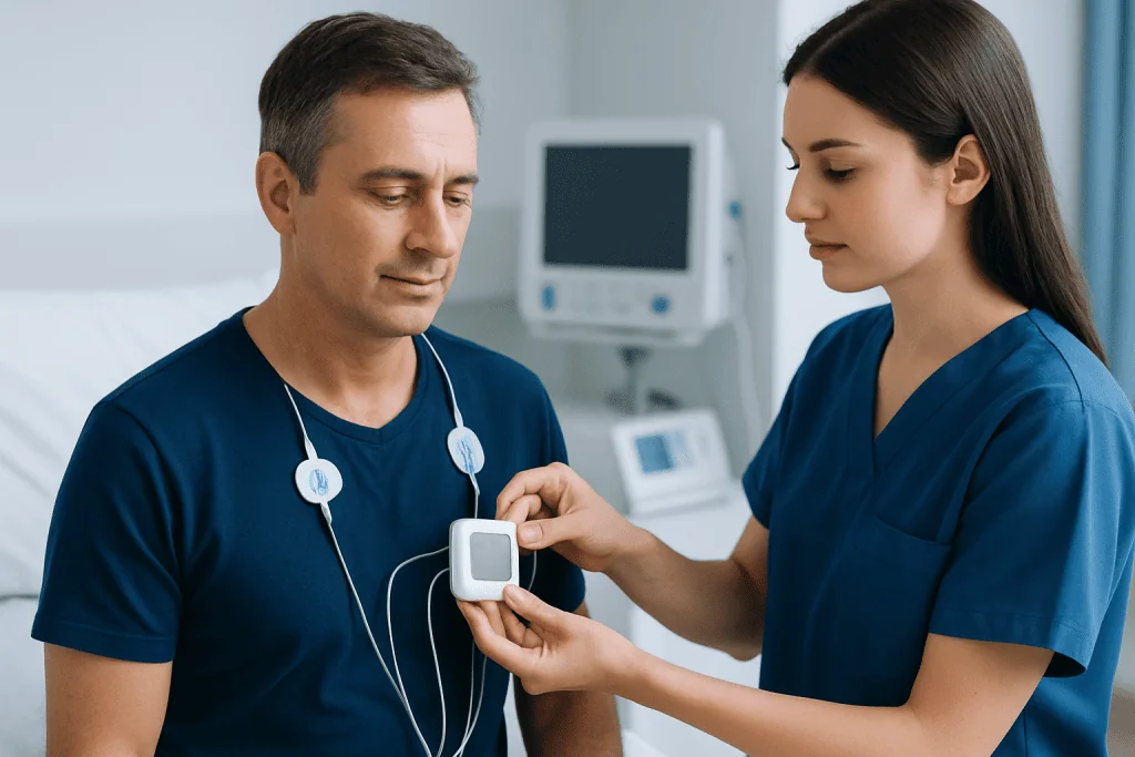 Patient wearing Holter monitor device during medical checkup at hospital.