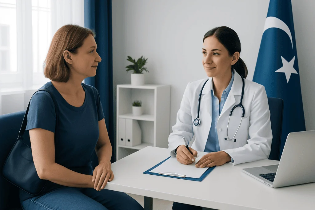 Doctor consulting with a patient in a medical office with Turkish flag in background.