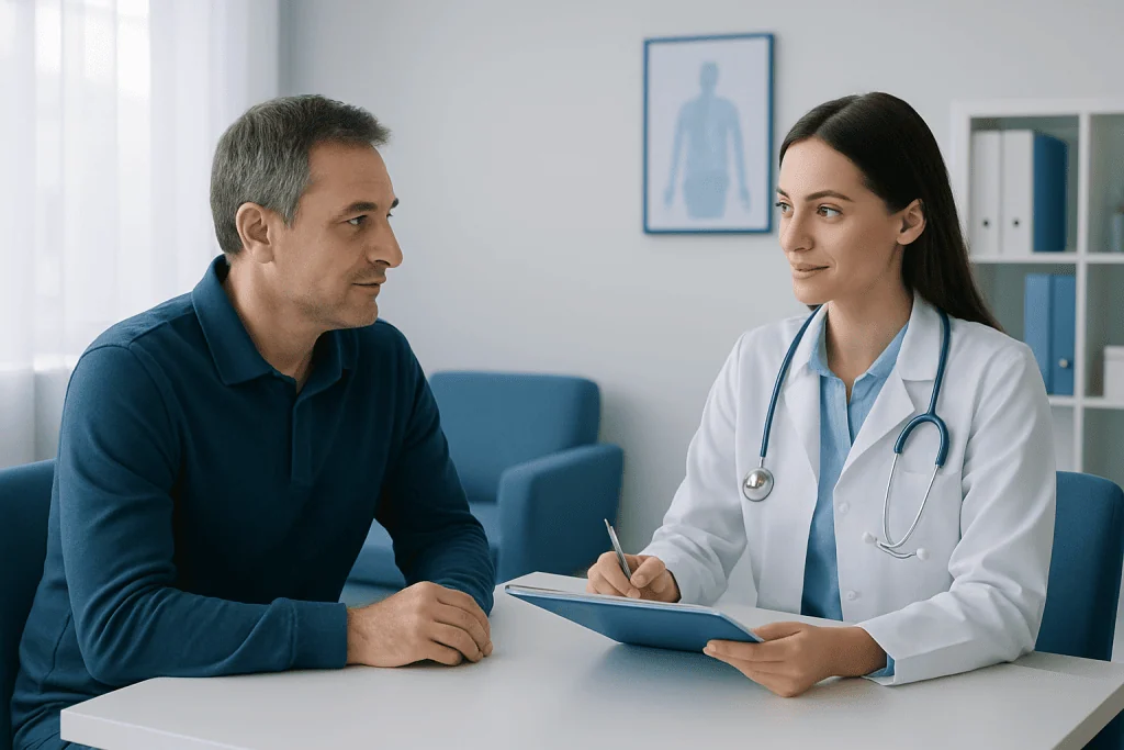 Doctor consulting with a patient in a modern medical office.