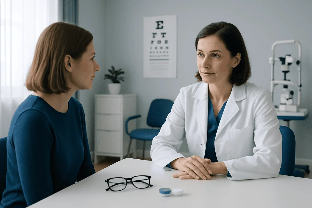 Optometrist consulting with patient in eye care clinic at Acibadem Hospitals.