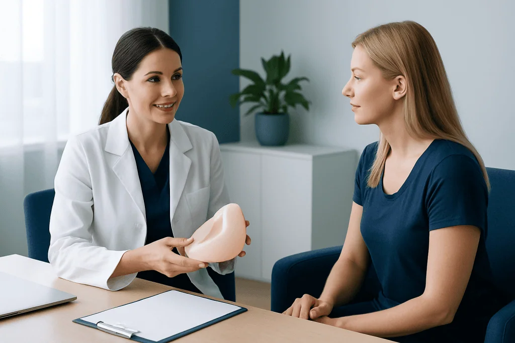 Medical professional explaining cosmetic surgery options to a patient.