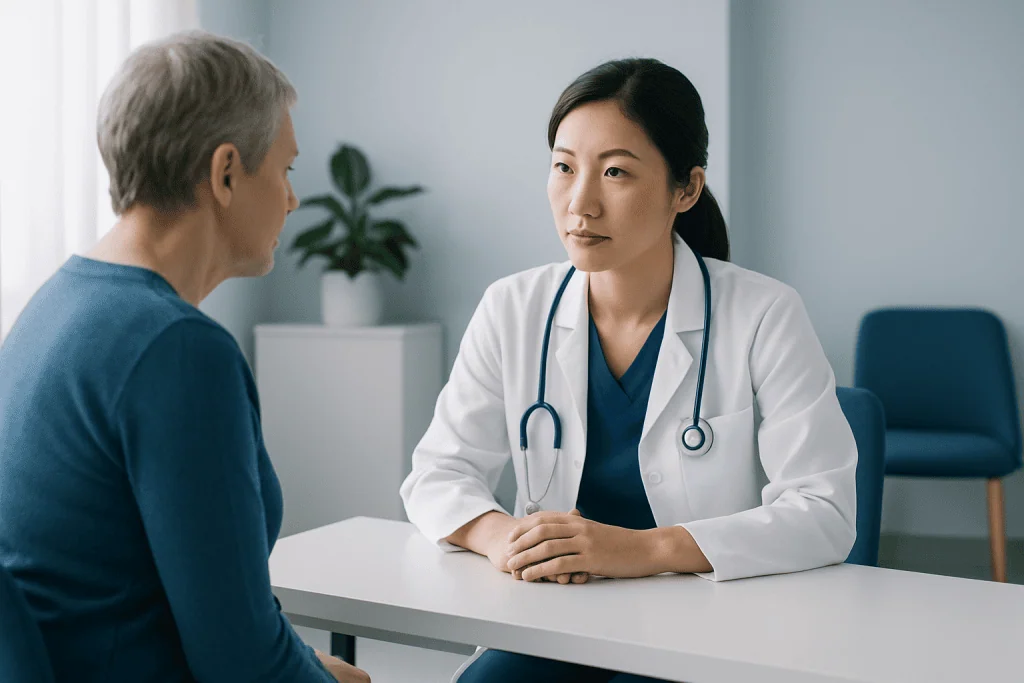 Doctor consulting with an elderly patient in a medical office.