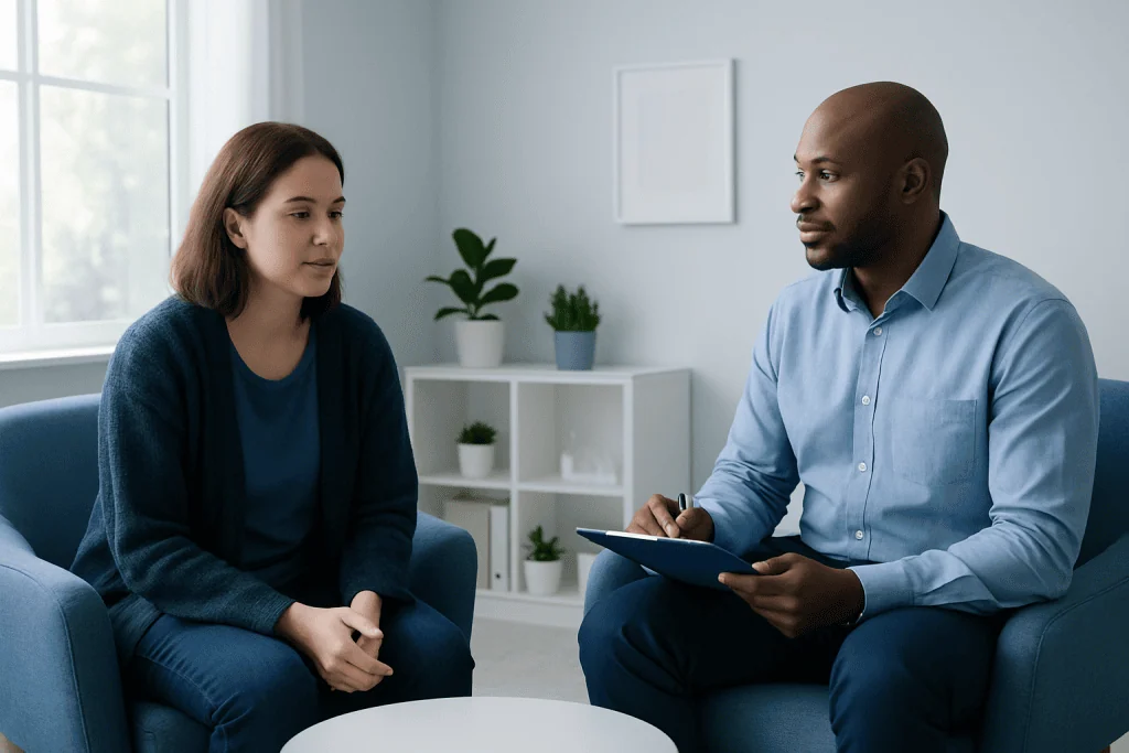 Therapist and patient in a counseling session at Acibadem Hospitals Group.