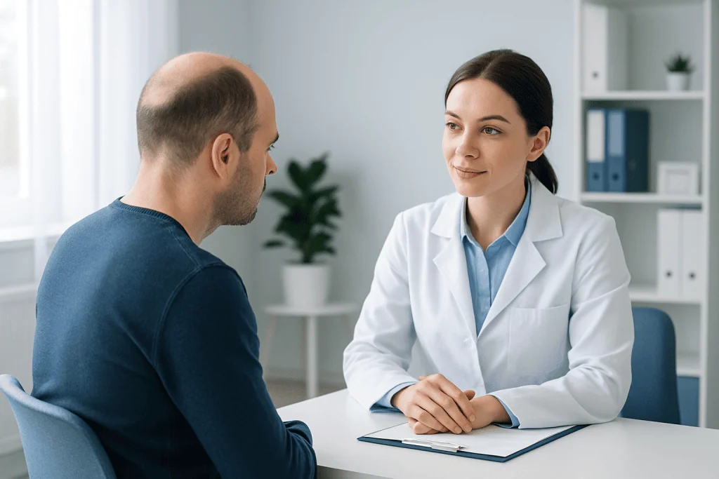 Doctor consulting with patient in a modern clinic setting.