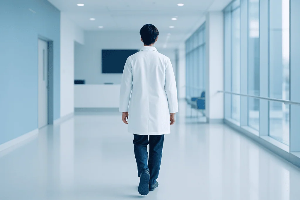 Has Demi Moore Had Plastic Surgery? Examining the Rumours 1 Doctor walking in a modern hospital corridor with large windows.