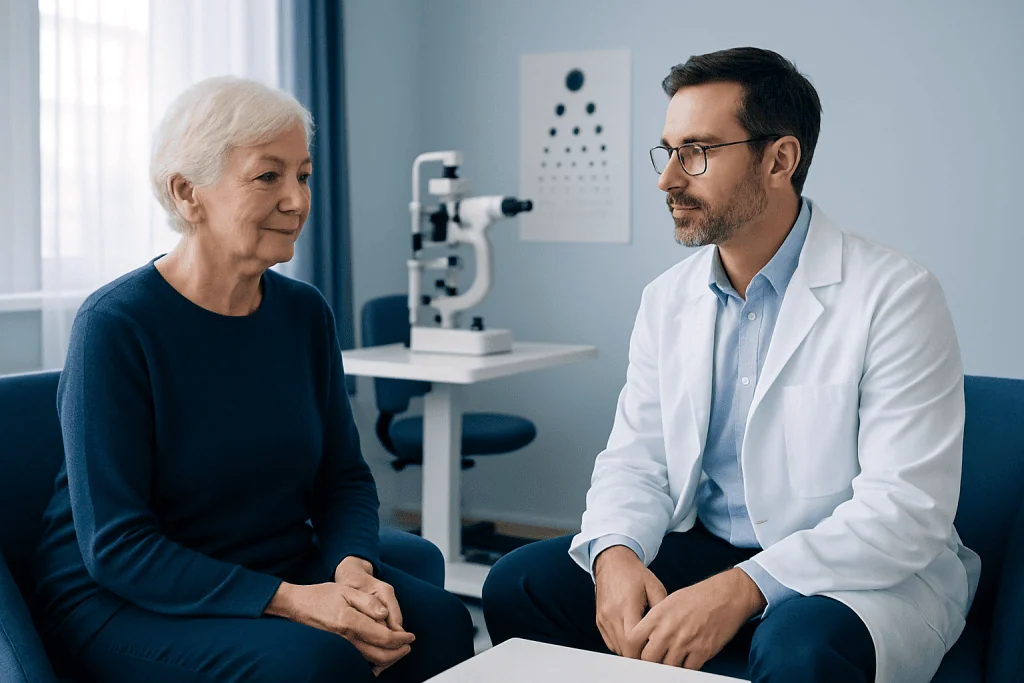 Ophthalmologist consulting with elderly patient in clinic.