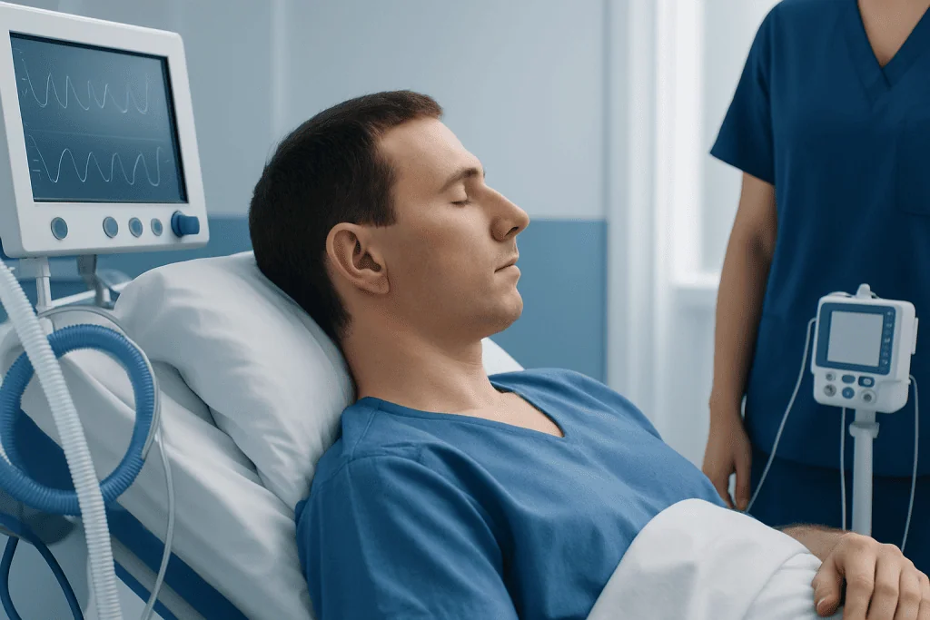 Patient resting in hospital bed with medical monitors and healthcare professional nearby.