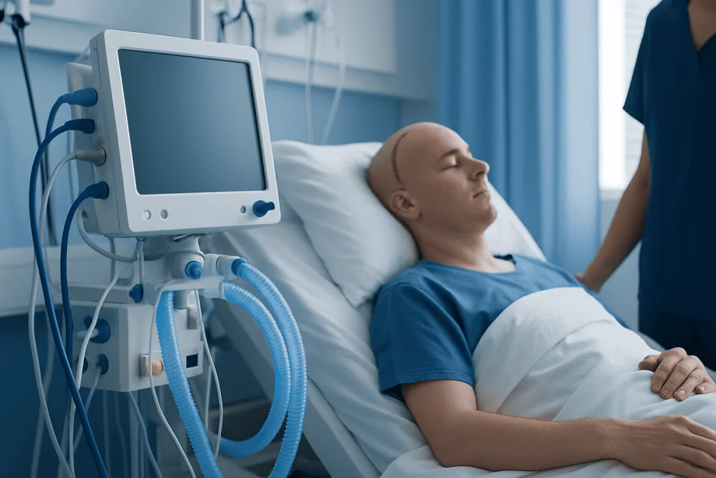 Patient in hospital bed connected to medical monitoring equipment.