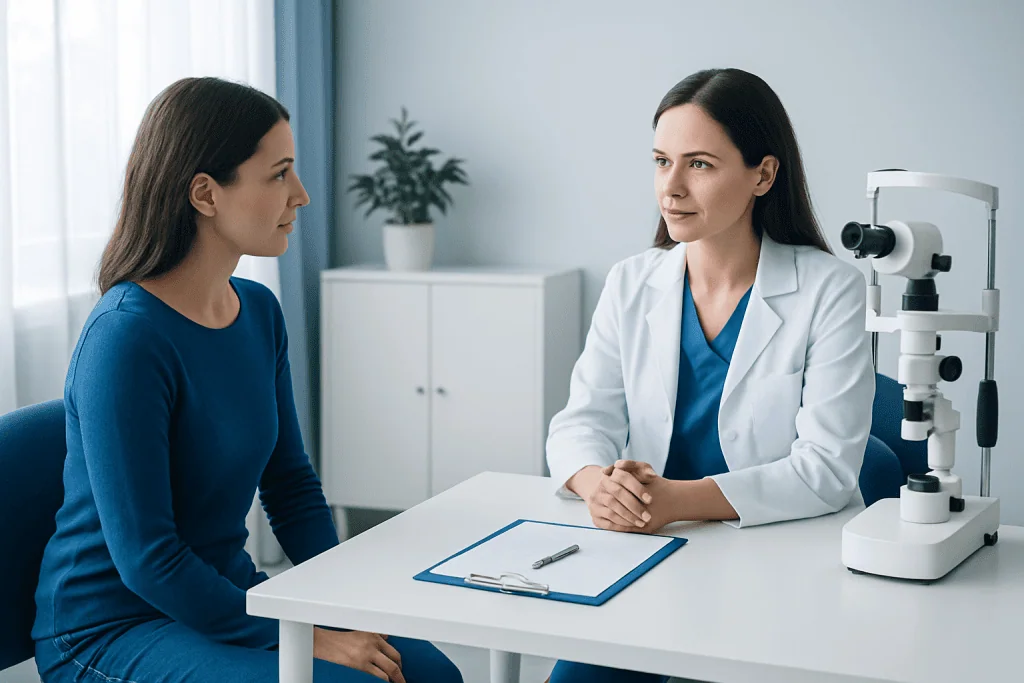 Ophthalmologist consulting with patient about eye health and vision correction options.