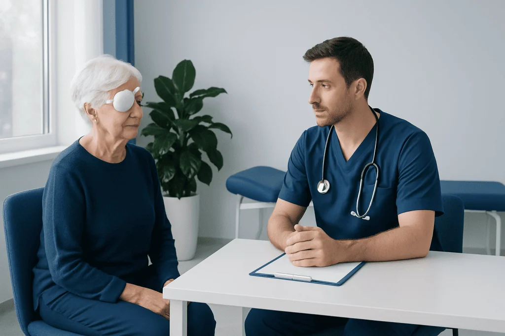 Doctor consulting elderly woman with eye patch in clinic setting.
