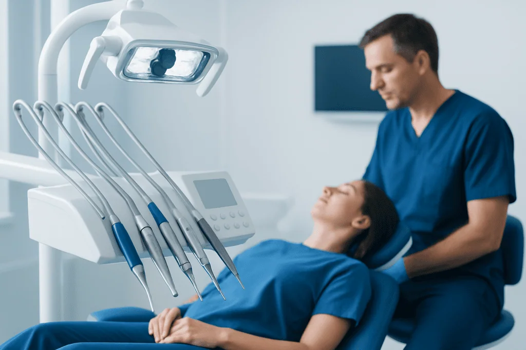 Dentist performing dental procedure on patient in modern clinic.