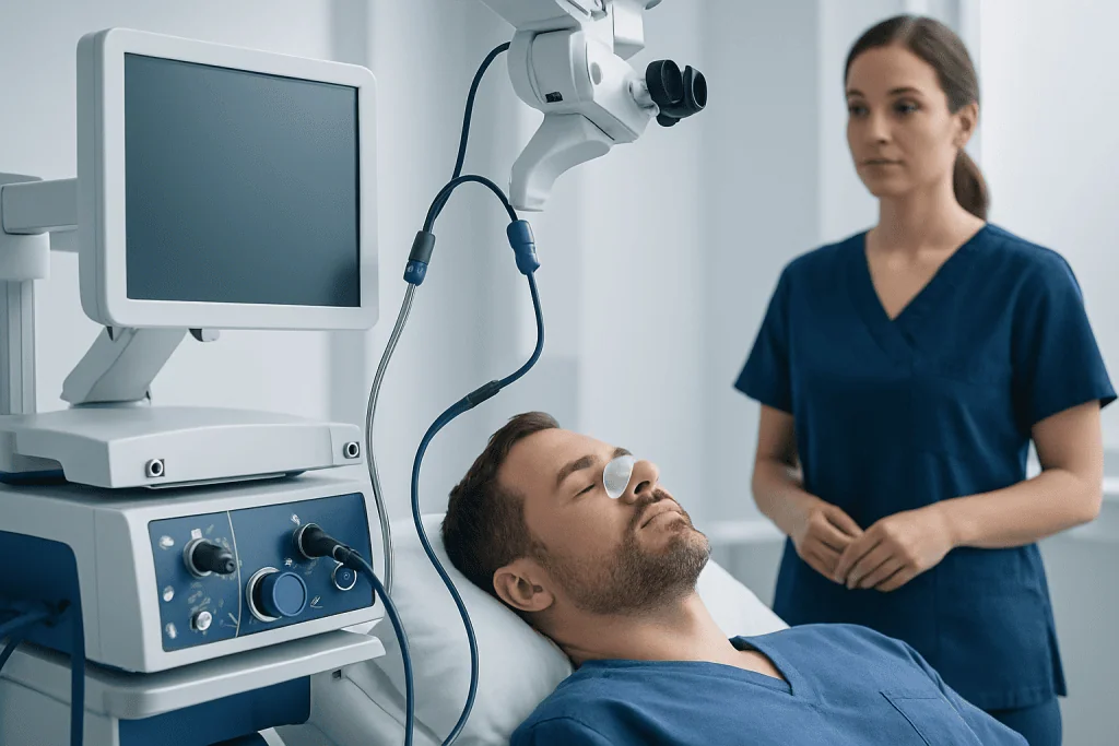 Patient undergoing sinus surgery consultation in a hospital room.