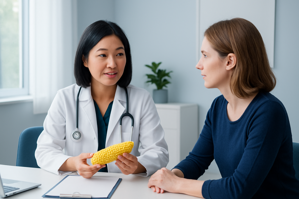 Doctor explaining nutritional advice to a patient in a clinic setting.