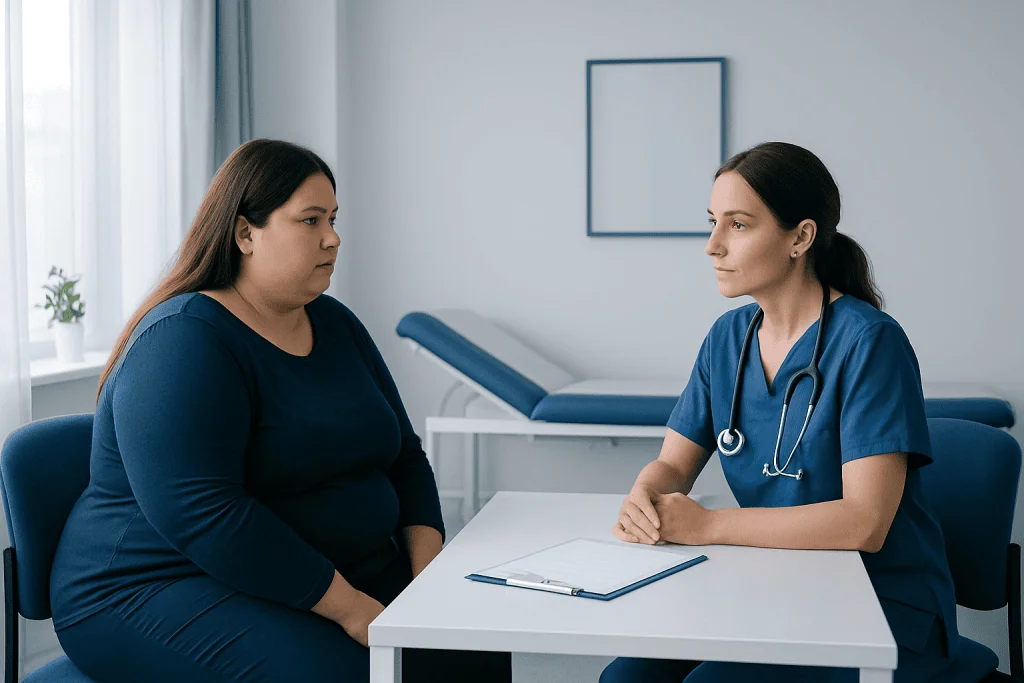 Doctor consulting with a patient about weight loss surgery options.