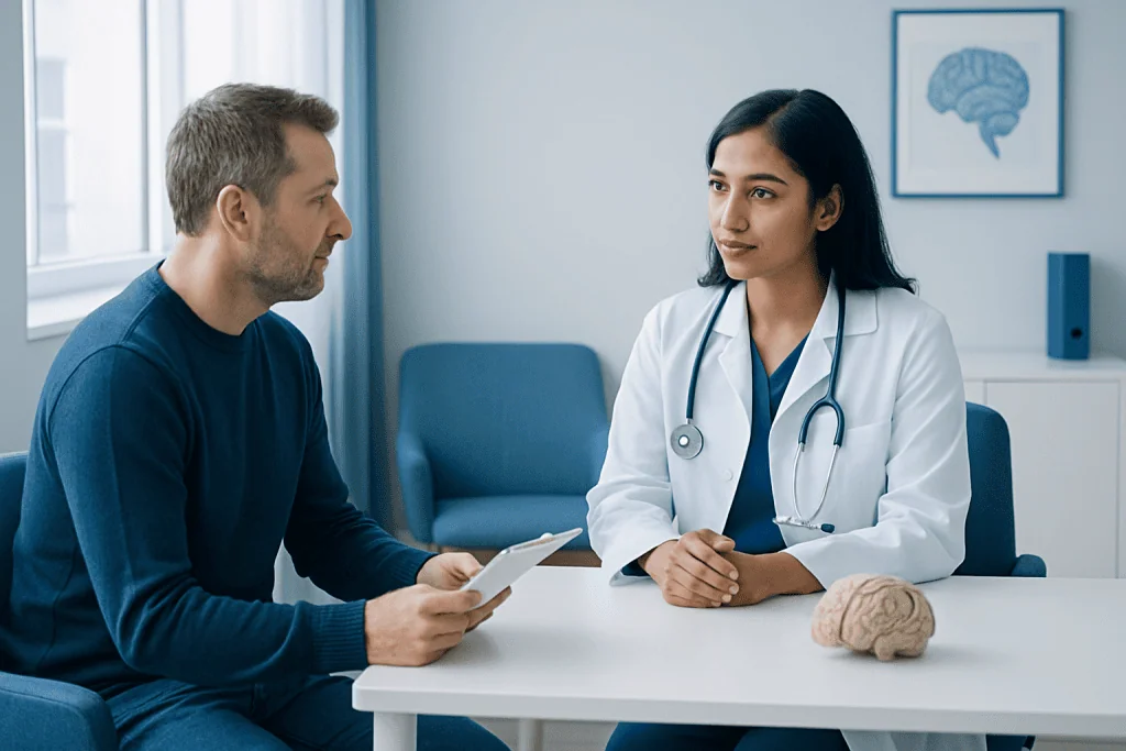 Doctor consulting with patient in a medical office with brain diagram.