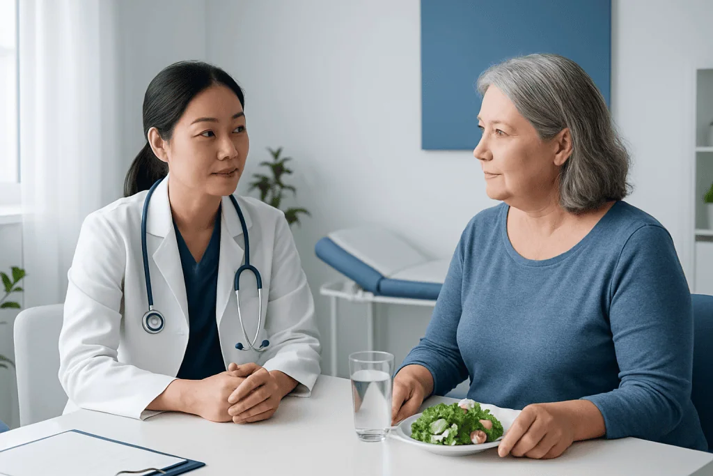 Doctor consulting with an older female patient in a medical office.