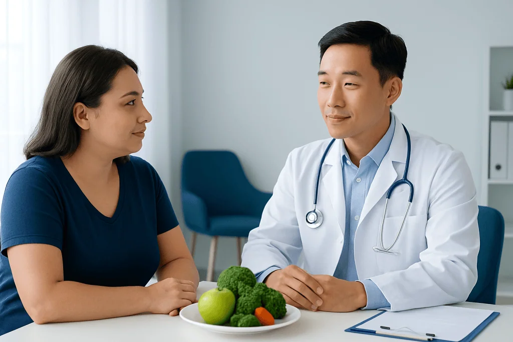 Doctor discussing healthy lifestyle with patient in a clinic setting.