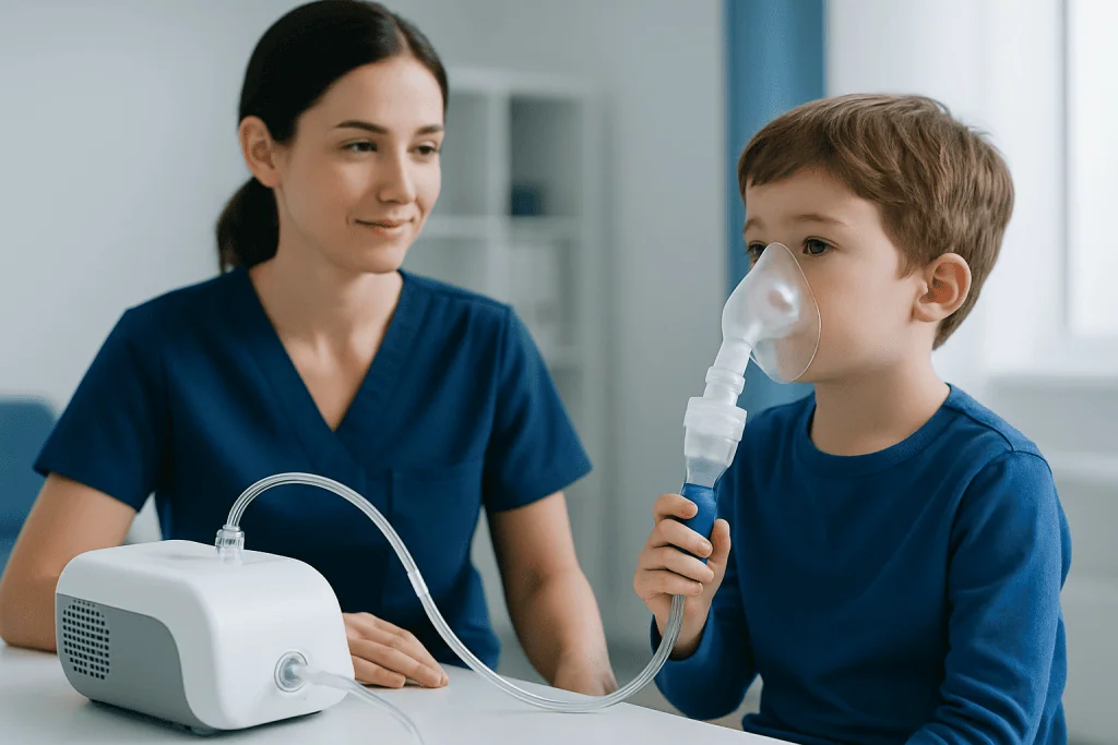 Pediatric respiratory therapy session at Acibadem Hospital.