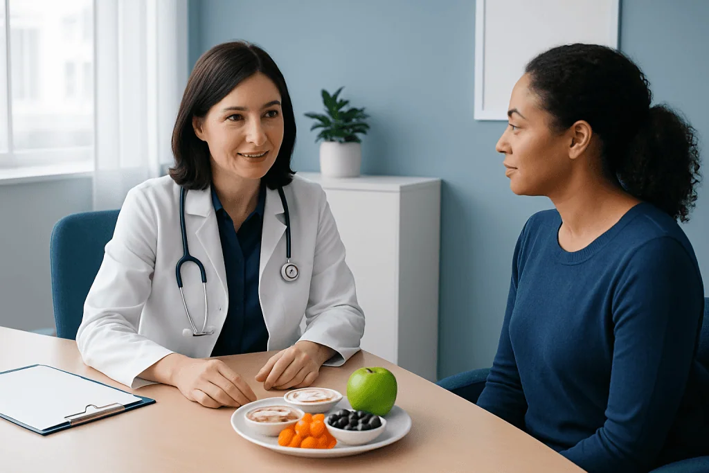 Doctor consulting a patient about healthy snack options in a clinic setting.