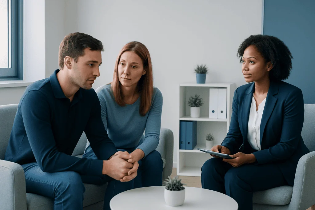 Therapist and clients in a counseling session at Acibadem Hospitals Group.