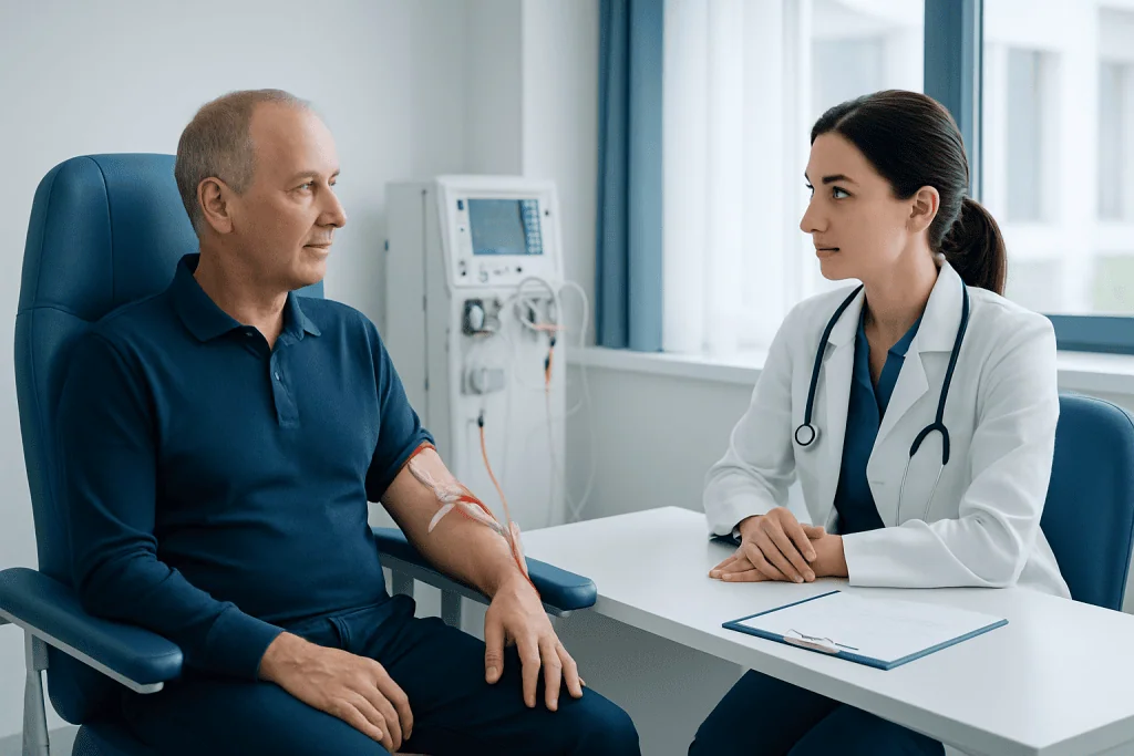 Doctor consulting with a patient undergoing dialysis treatment in hospital.