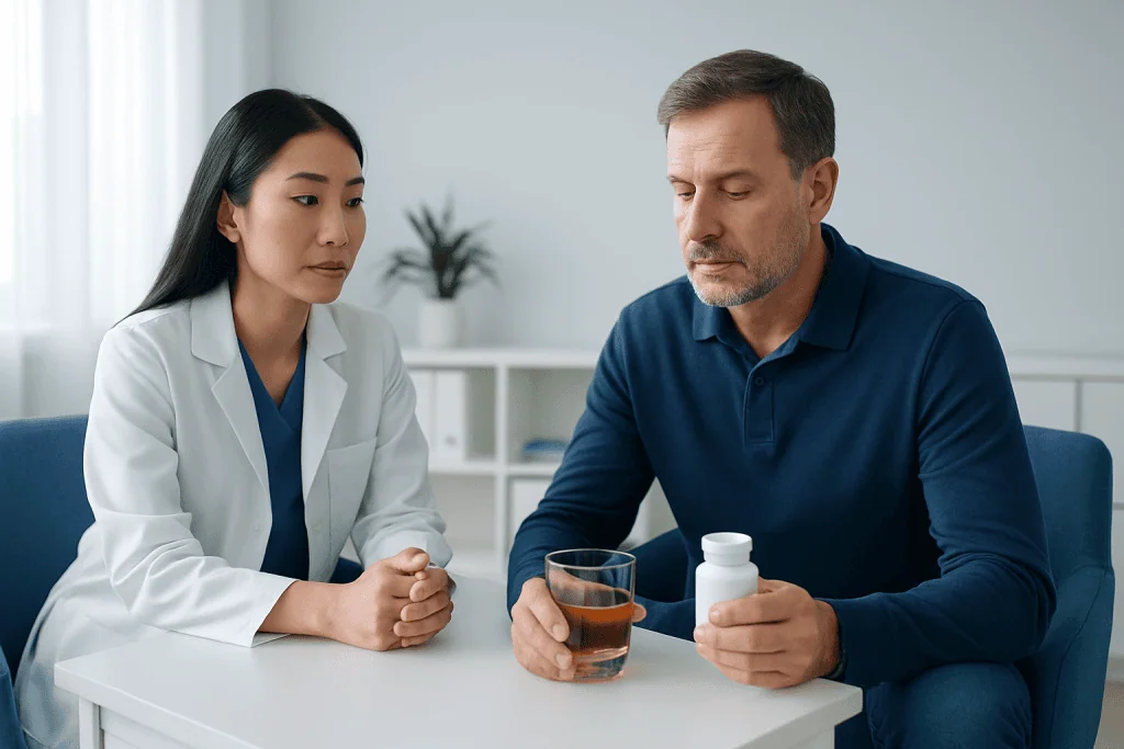 Doctor advising patient on herbal supplements after treatment in Turkey.