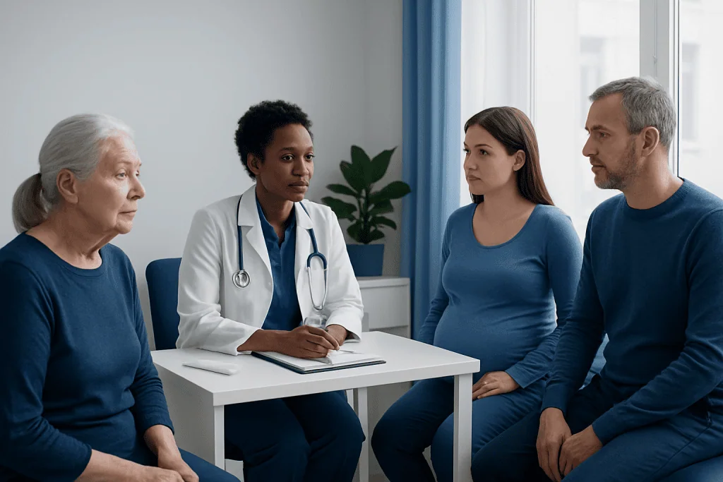 Doctor consulting with elderly and middle-aged patients in a clinic.