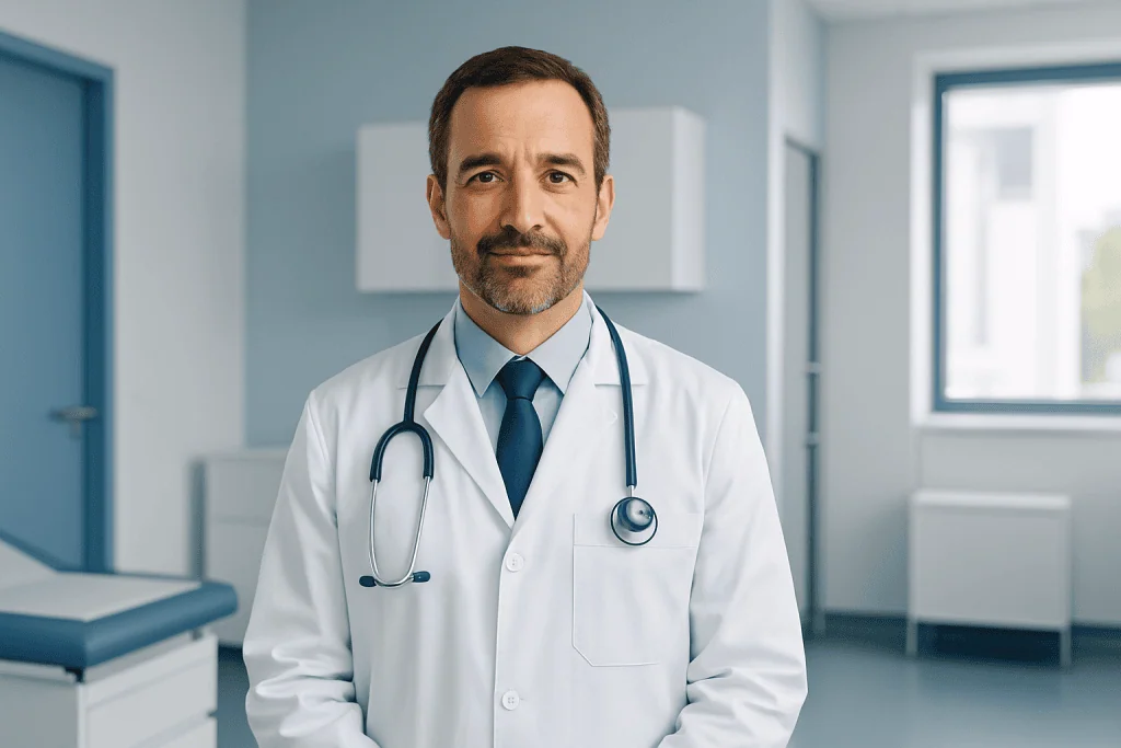 Hip Replacement Surgery: Recovery, Types, and Details 1 Male doctor in white coat with stethoscope in hospital setting.