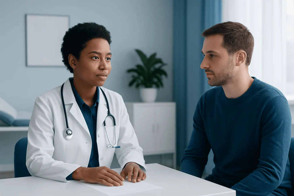 Doctor consulting with a male patient in a medical office setting.