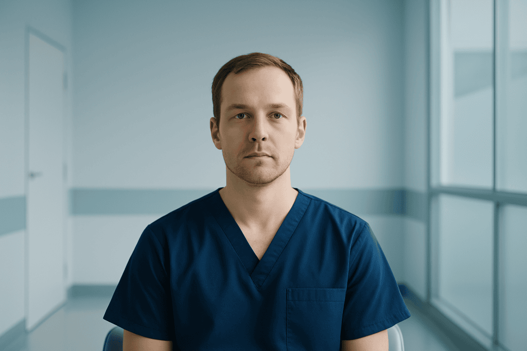 HoLEP Prostate Surgery: Why Laser Enucleation is Better Than TURP for Large Prostates 1 Male healthcare professional in blue scrubs in hospital corridor.