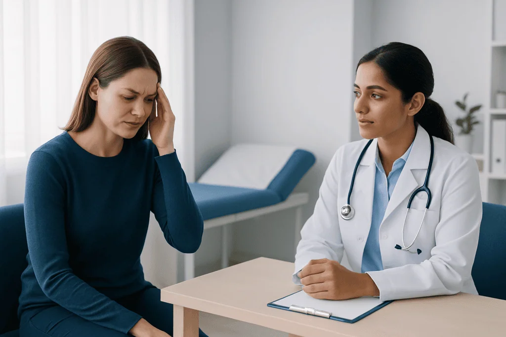 Woman experiencing headache consulting a doctor in a clinic.