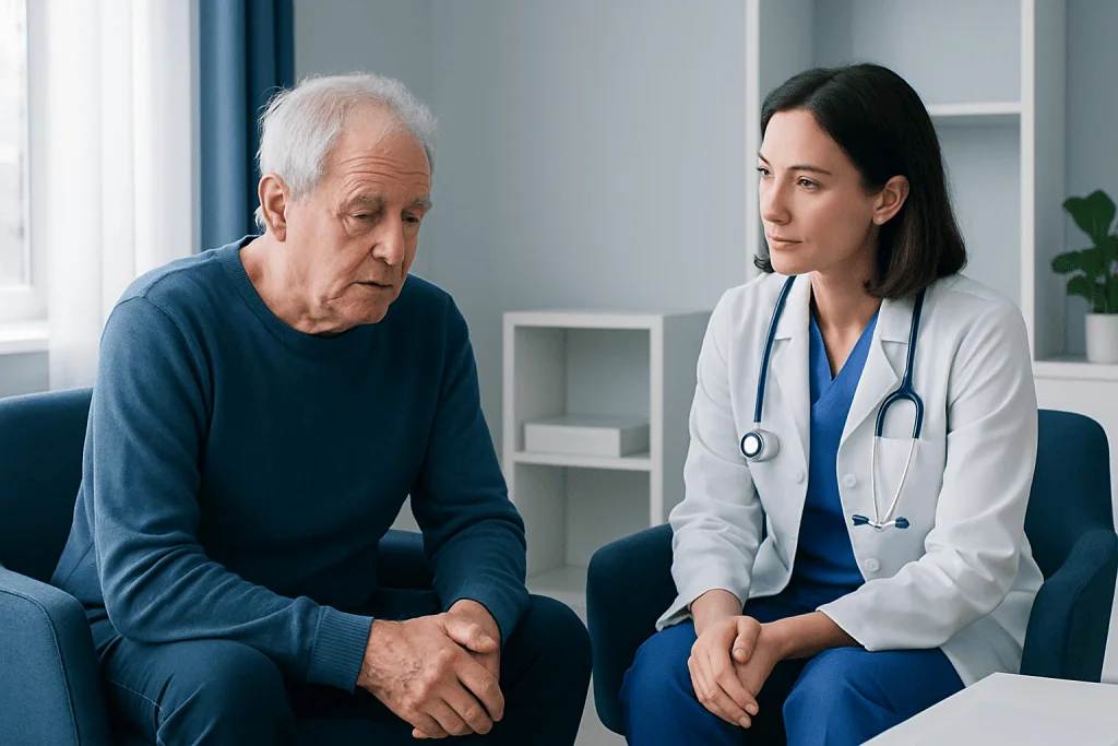 Doctor consulting with an elderly patient in a medical office.