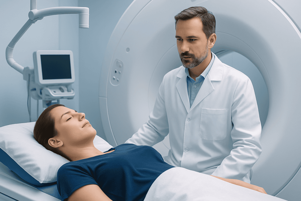 Doctor consulting patient before MRI scan in hospital setting.