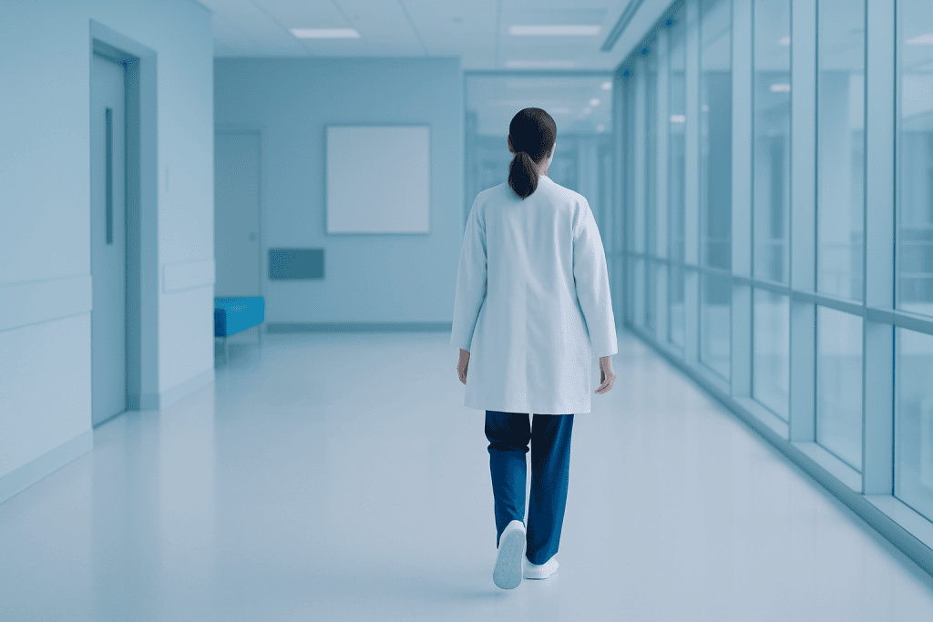 Hospital Near Me? What to Check First 1 Healthcare professional walking in a modern hospital corridor with large windows.