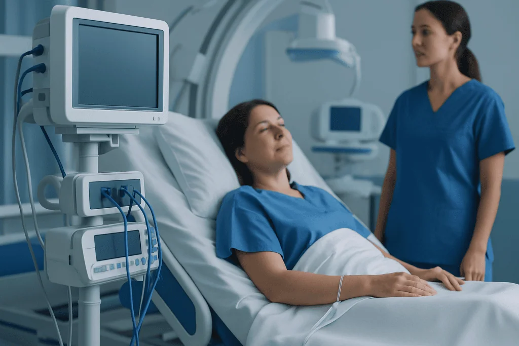 Patient in hospital bed with medical monitors during cerebral aneurysm coiling recovery.