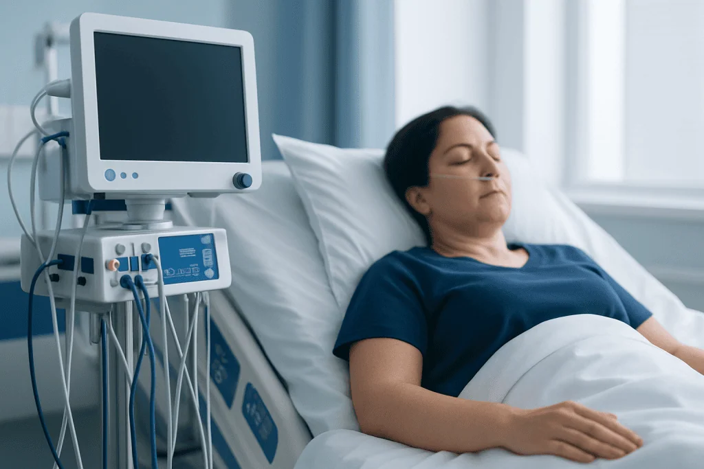 Patient resting in hospital bed after sleeve gastrectomy surgery.