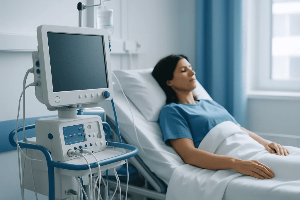 Patient resting in hospital bed with medical monitor nearby.