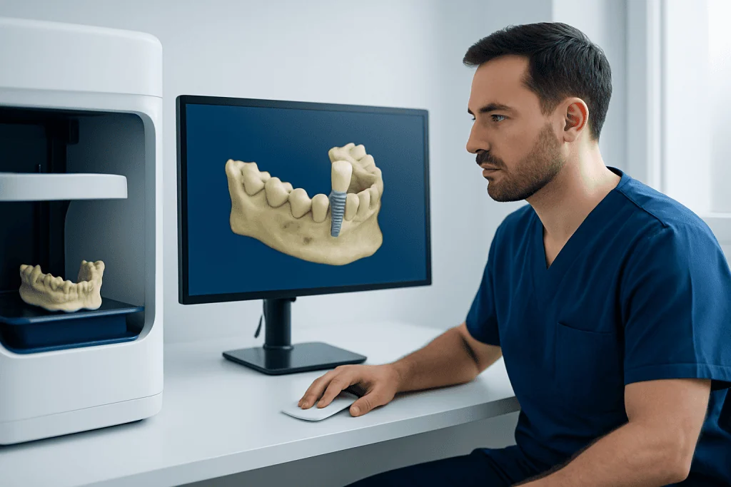 Dental professional analyzing 3D digital dental implant planning on screen.
