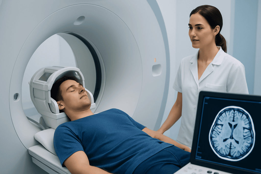 Patient undergoing brain MRI scan at Acibadem Hospital.